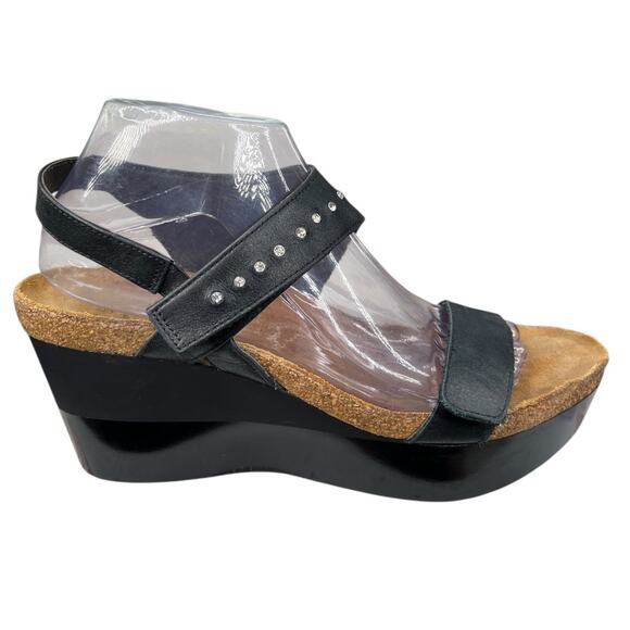NAOT Women’s Prodigy Black Leather Rhinestone Wedge Sandal Size 41 US 10 - Picture 1 of 11
